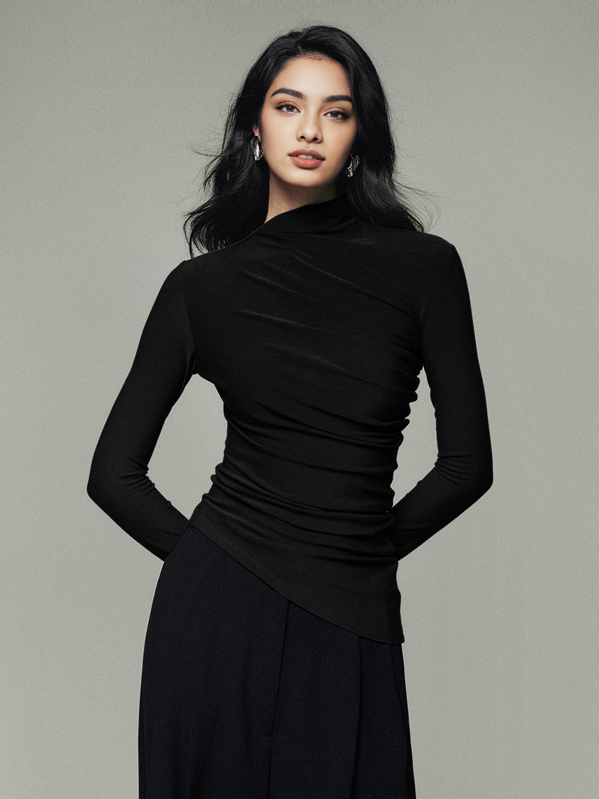 Asymmetric Collar Draped Long Sleeve Shirt